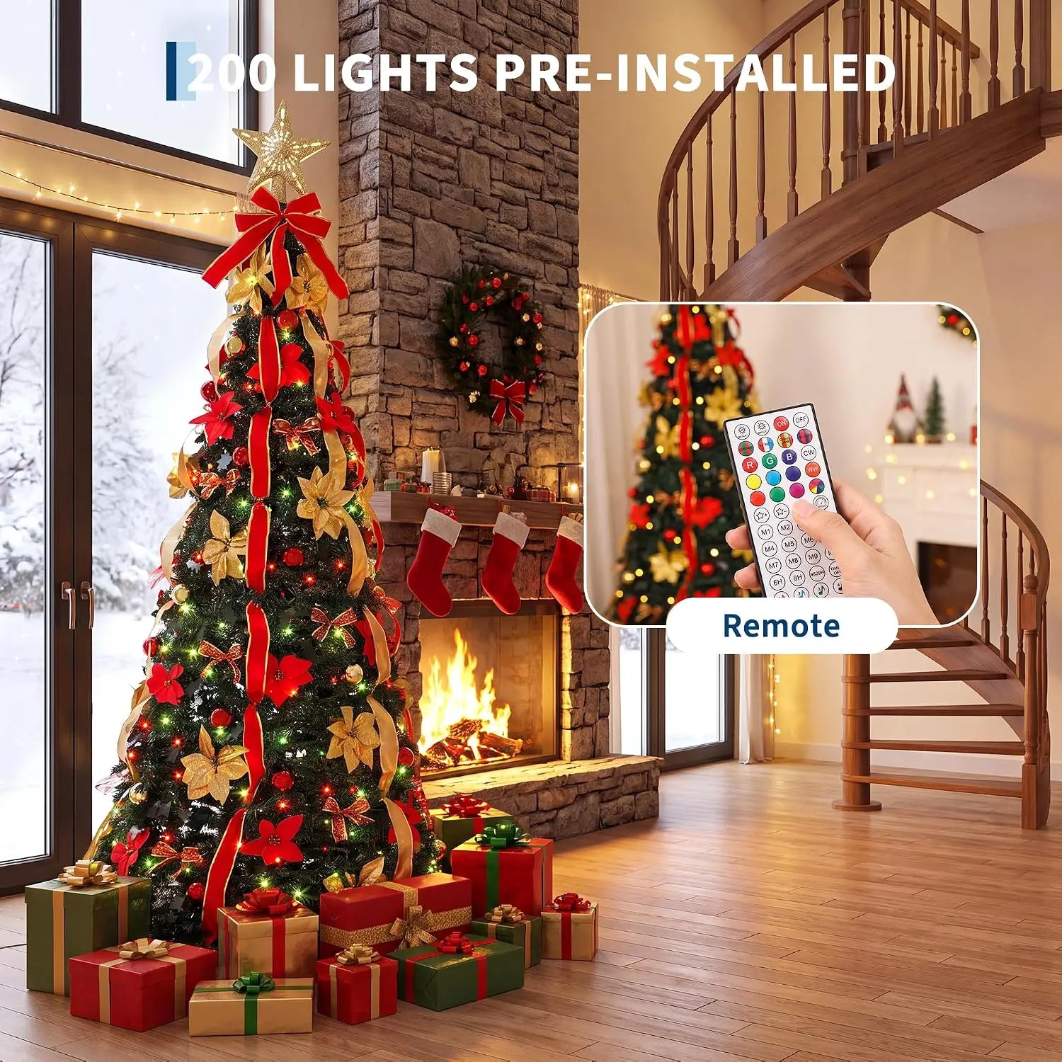 Pop Up Artificial Christmas Tree — Slim Design with LED Lights & Star Topper