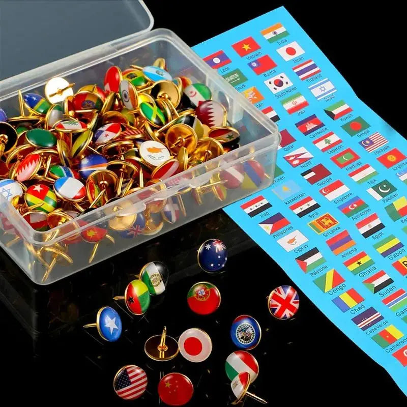 National Flag Round Head Thumbtacks — Colorful Map Pins for Office & School