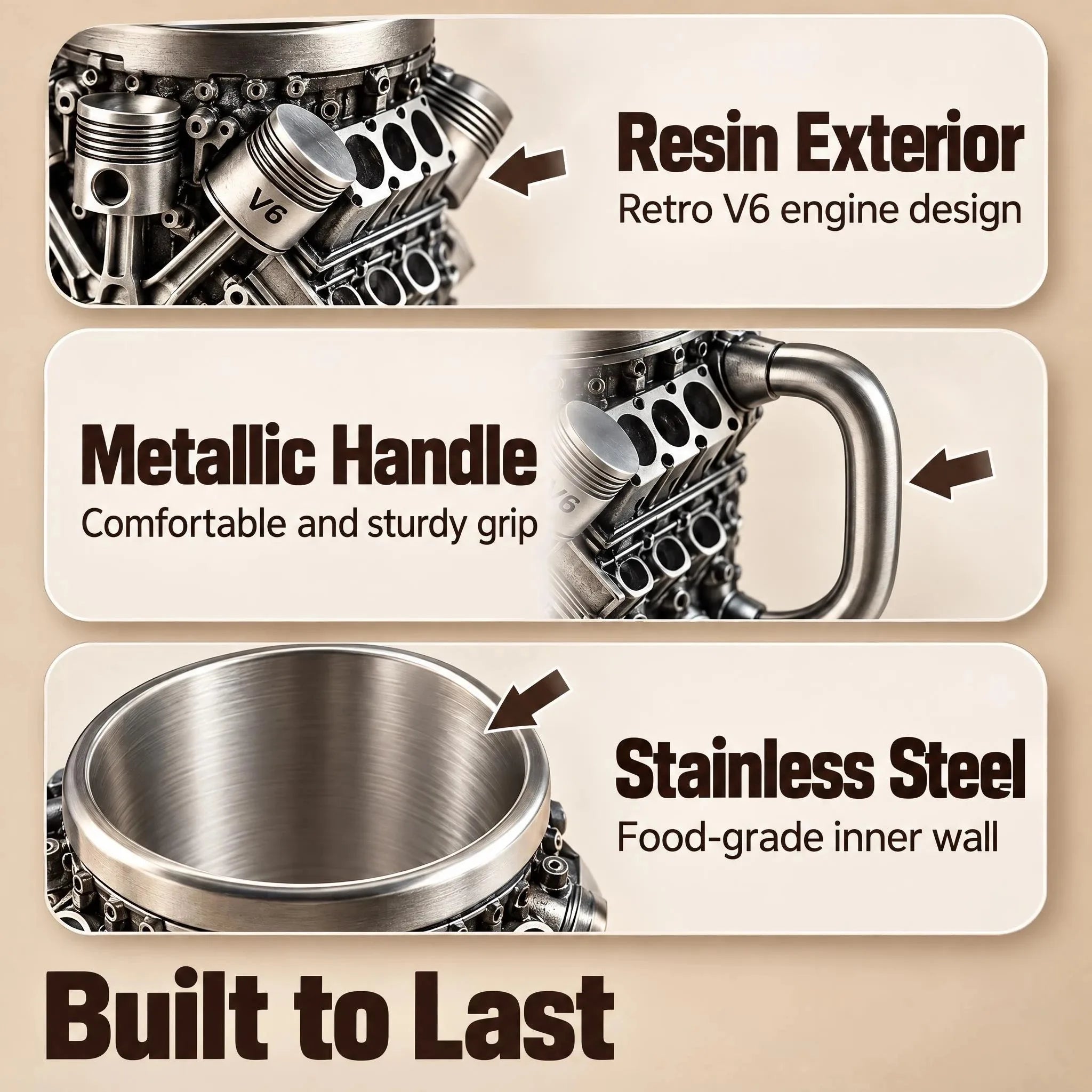 V6 Engine Stainless Steel Coffee Mug — 3D Mechanical Car Design