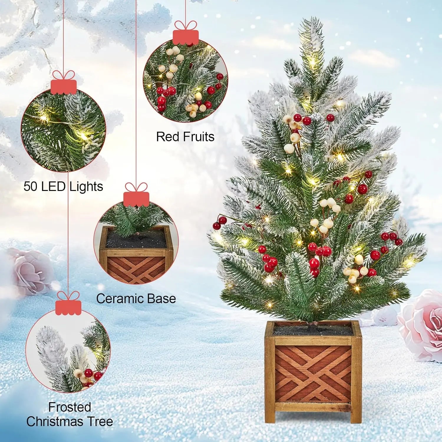 Garvee 24-Inch Pre-Lit Mini Christmas Tree — Flocked Tabletop Decor
