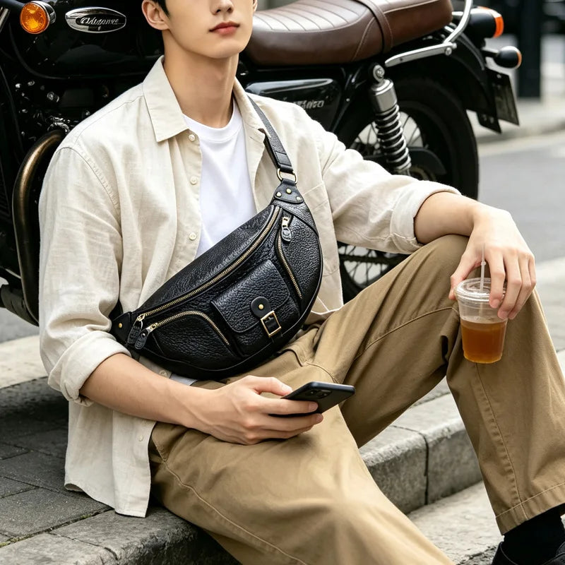 PiBOLES Genuine Leather Chest Bag — Multi-Pocket Crossbody Organizer