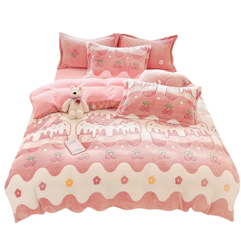 Plush Velvet Bedding Set — Warm Coral Fleece Duvet Cover & Sheet Set