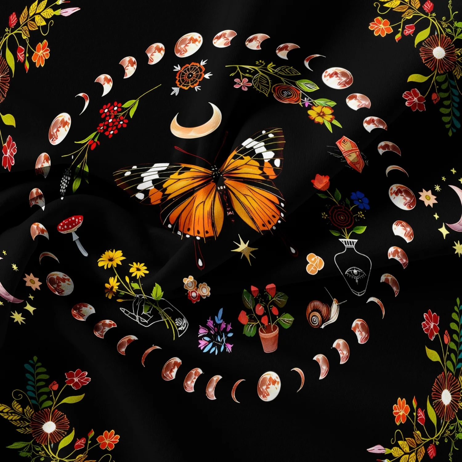 Butterfly and Crescent Moon Duvet Cover Set — Modern Floral Bedding, 3 Pieces