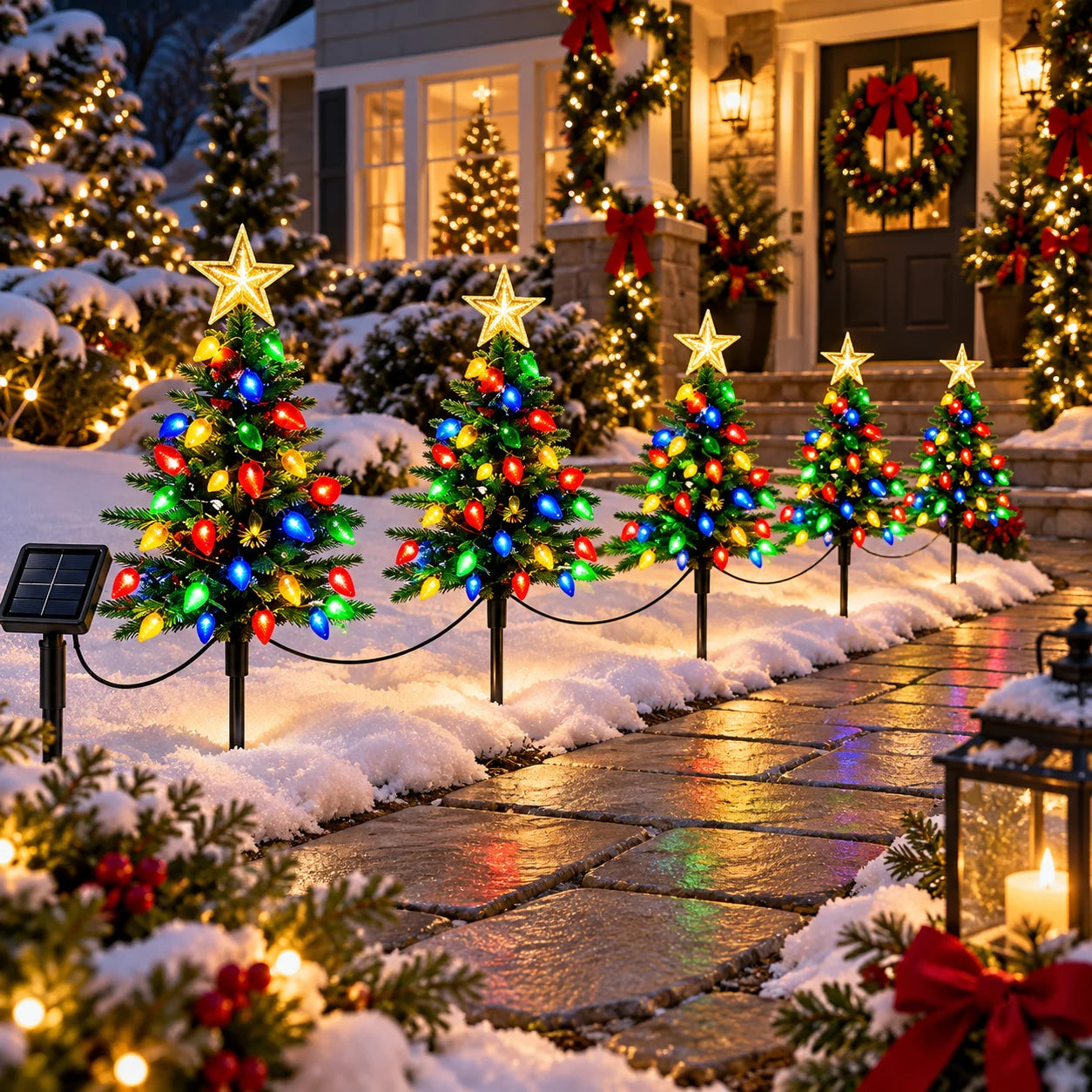 Solar Christmas Tree Pathway Lights — Multicolor LED Garden Stake Set