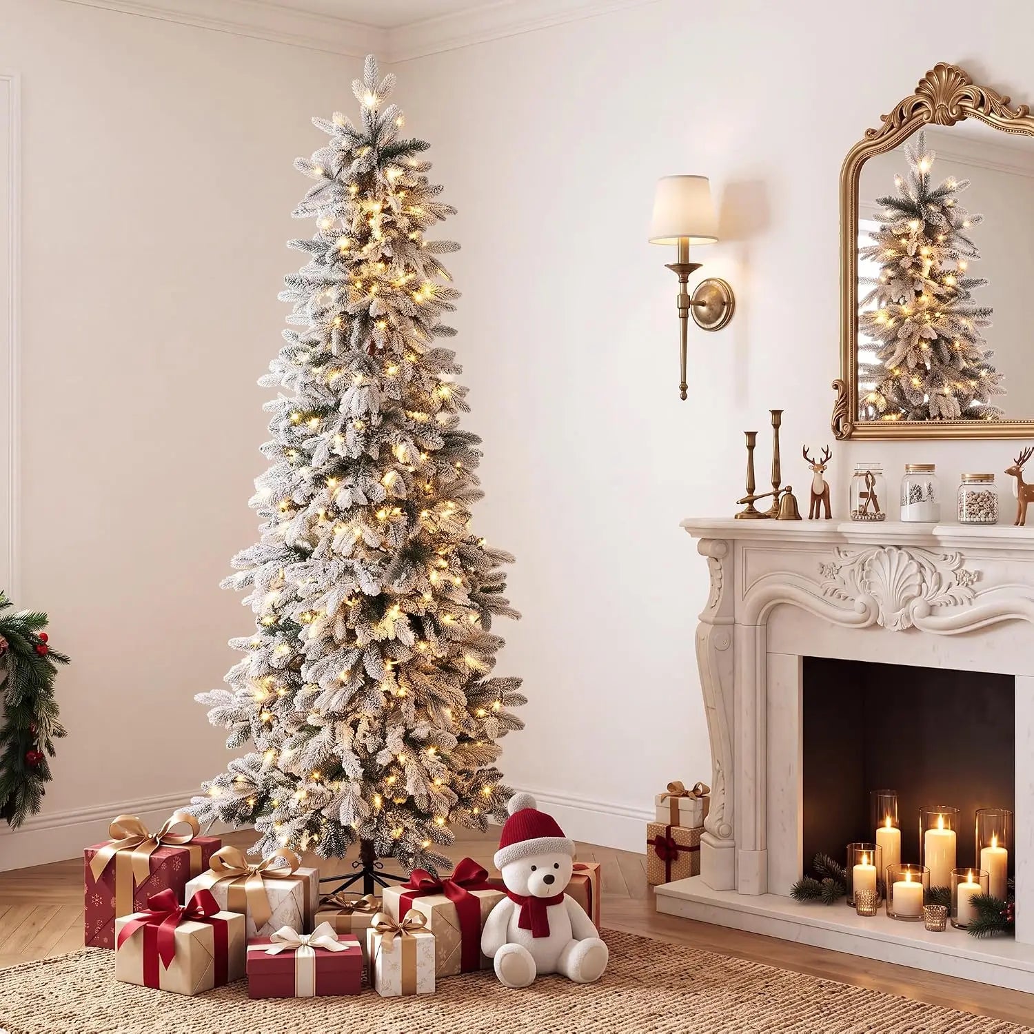 Garvee Snow Flocked Slim Pencil Christmas Tree — Pre-Lit Space Saving Decor
