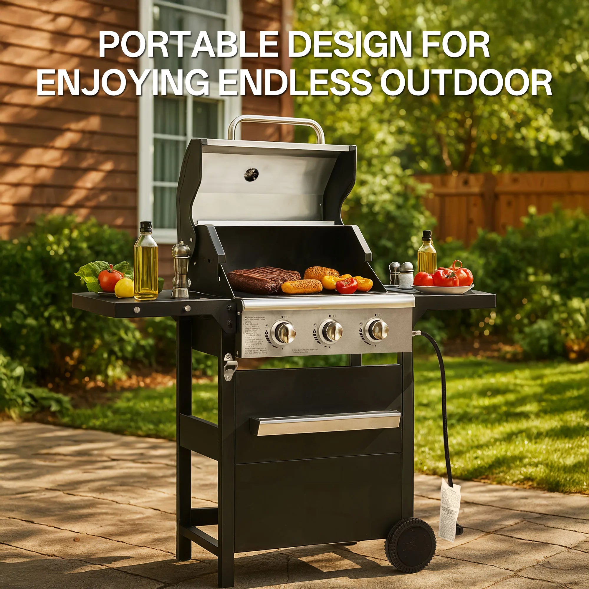 Stainless Steel 3-Burner Propane Grill — Compact Outdoor Gas Barbecue