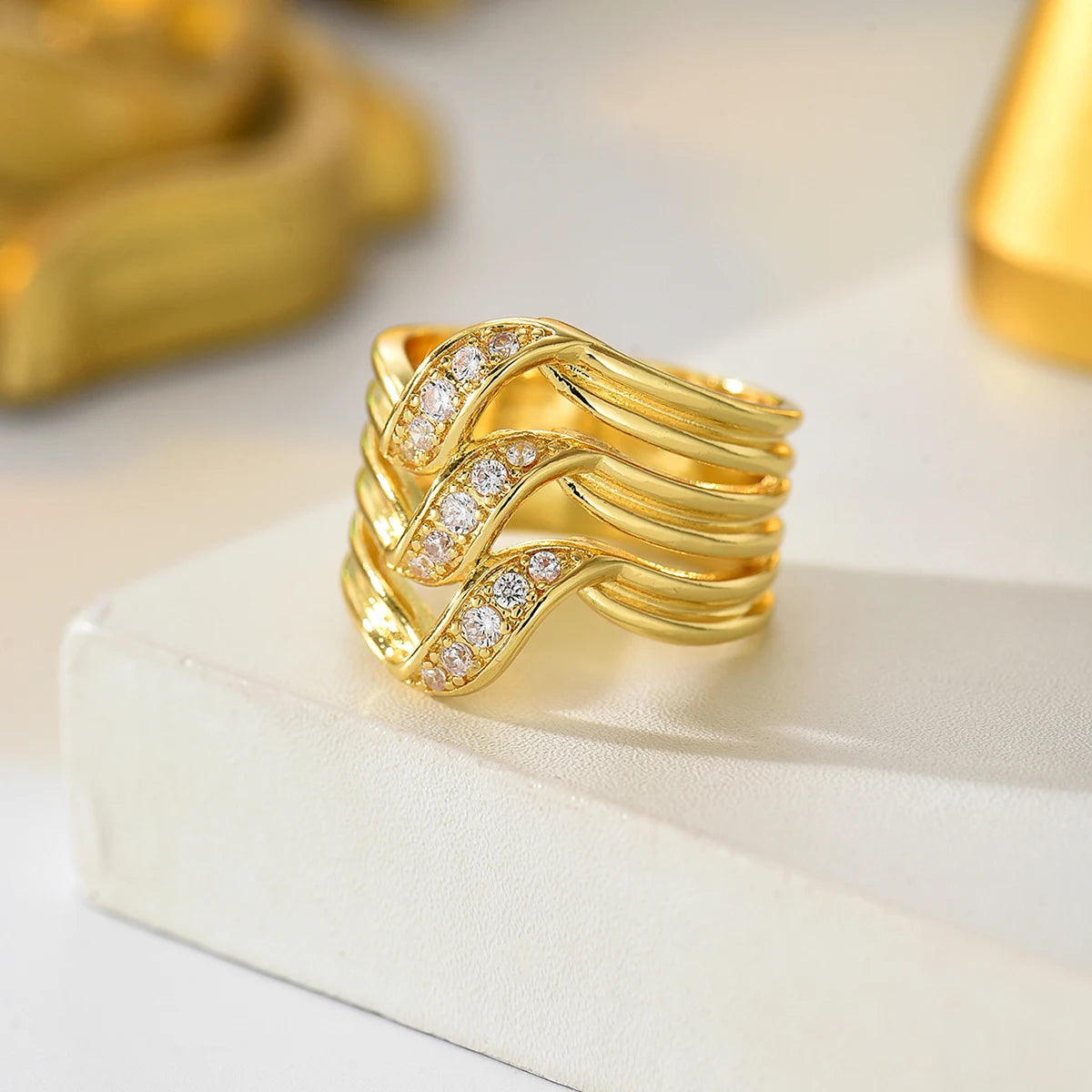 Obega Multi-Layer Leaf Shaped Ring — Paved Zirconia Wide Band Jewelry