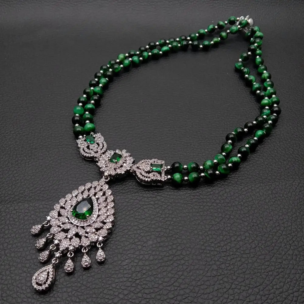 SETTIMANA Green Tiger Eye Pendant Necklace — Double Strand CZ Pave Jewelry