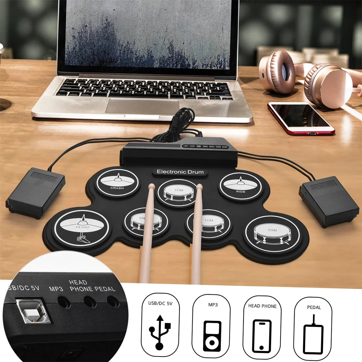 Miwayer Portable Electronic Drum Pad — Foldable Silicone Practice Kit