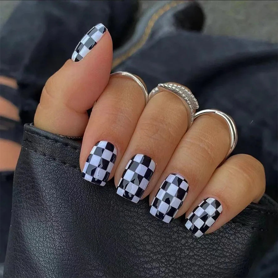 Stylebon Press-On Nails — Short Almond Checkerboard & Neon Design