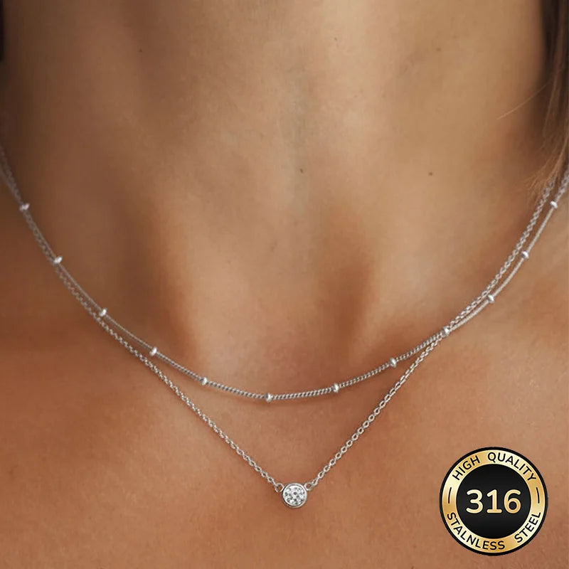 Double-Layer Stainless Steel Necklace — Elegant CZ Pendant with Beaded Detail