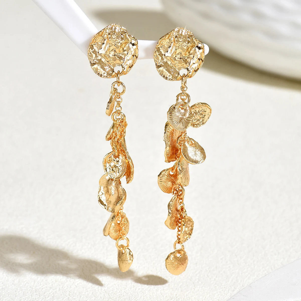 Obega Vintage Textured Disc Earrings — Hammered Coin Tassel Dangle Studs