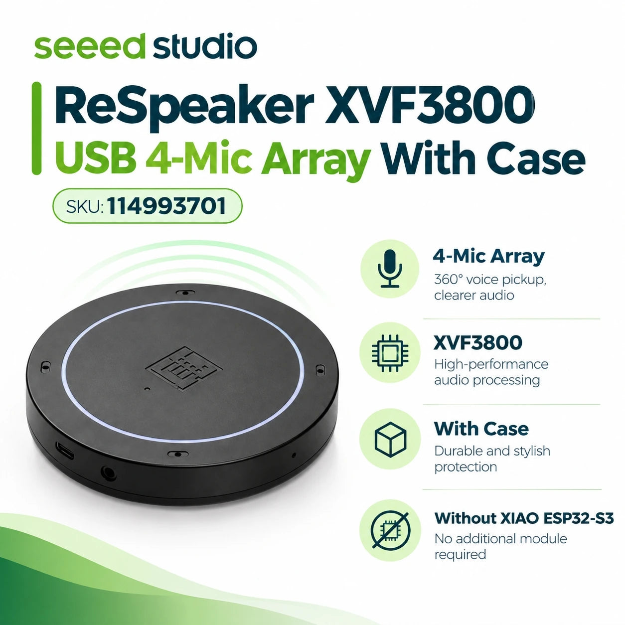 Seeed Studio XVF3800 USB Conference Microphone — 4-Mic Array with AI Audio