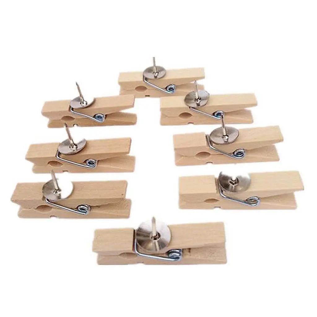 Wooden Photo Clips with Push Pins — Decorative Memo Holder for Corkboards