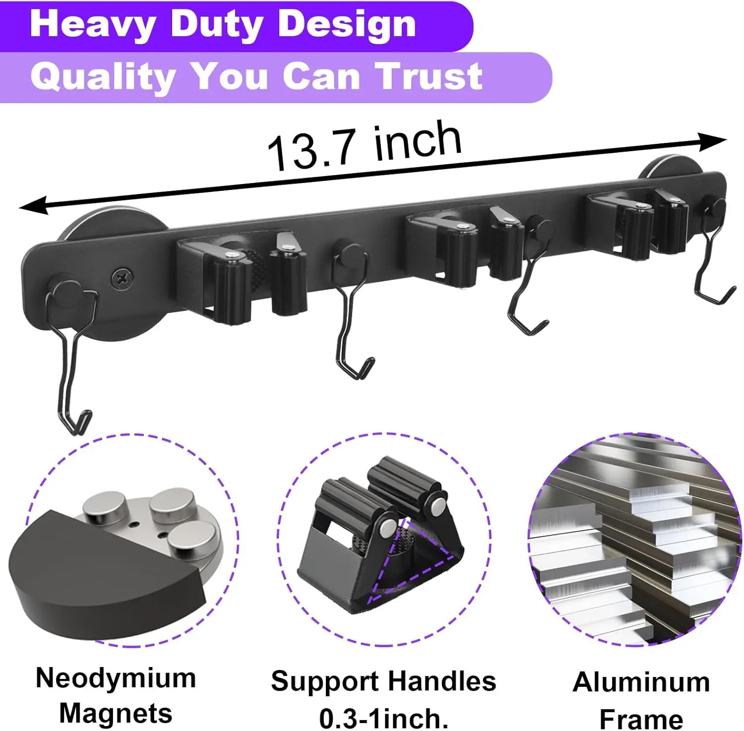 Heavy Duty Mop and Tool Organizer — No-Drill Suction Cup Rack