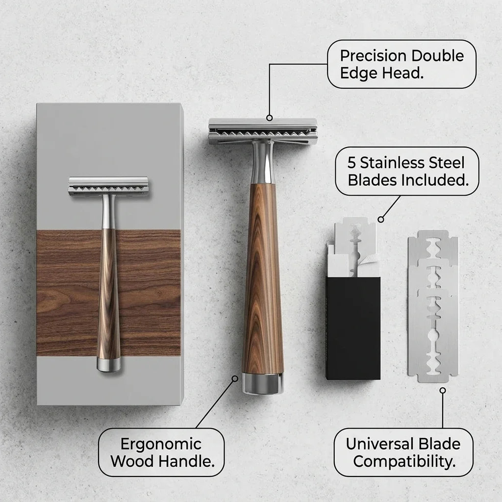 Double Edge Safety Razor — Manual Shaver with Wood Grain Handle