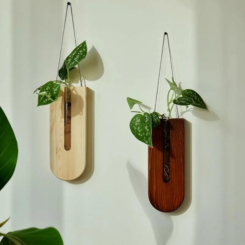 Wooden Hanging Plant Propagation Vase — Boho Wall Decor with Glass Tube