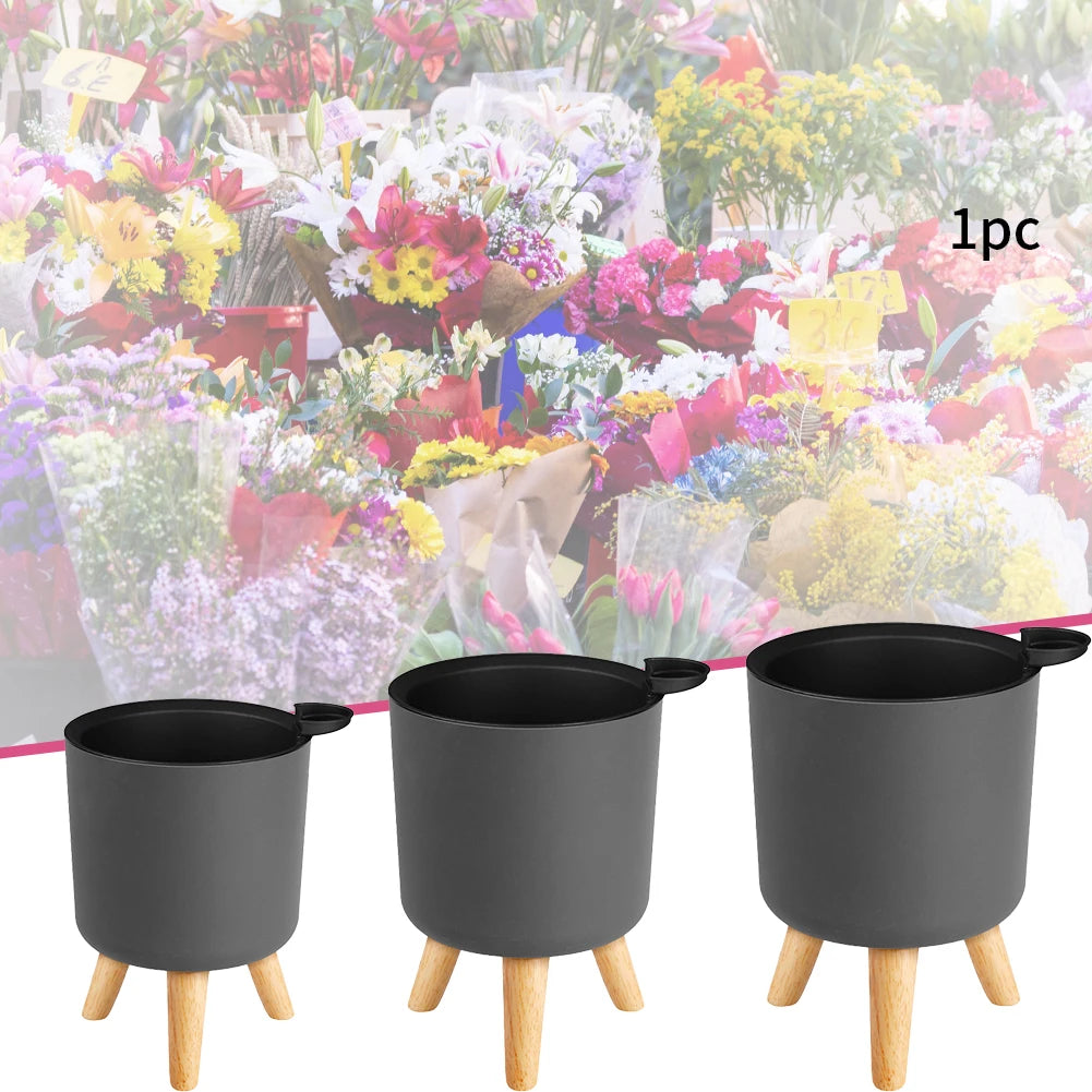 HOUSEEN Self-Watering Round Flower Pot — Modern Planter with Wooden Legs
