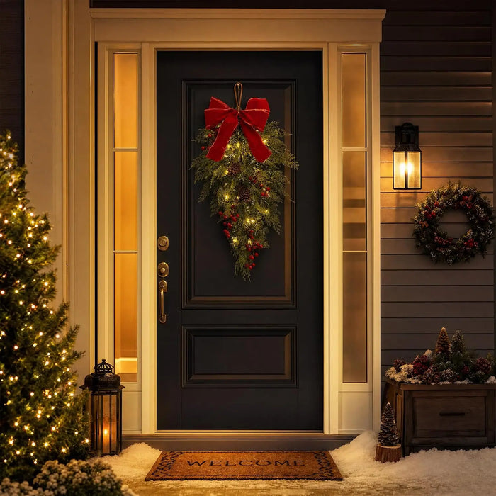 HiMISS 24 Inch Lighted Christmas Door Swag — Cypress Garland with Velvet Bow