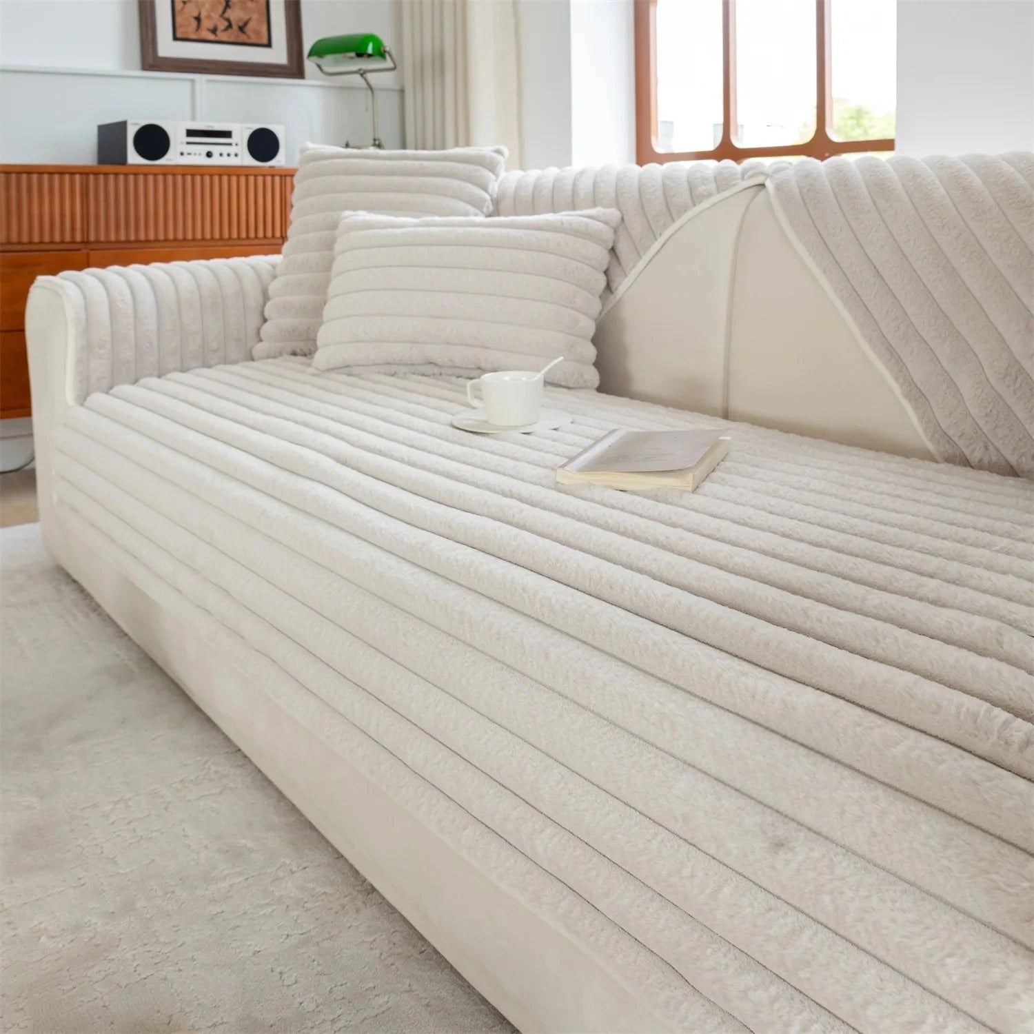 Plush Striped Sofa Cover — Soft Imitation Rabbit Fur Slipcover