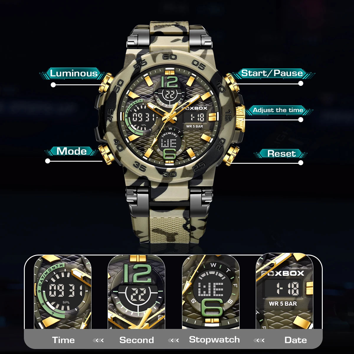 foxbox Men's Military Sports Watch — Waterproof Dual Display Quartz Timepiece