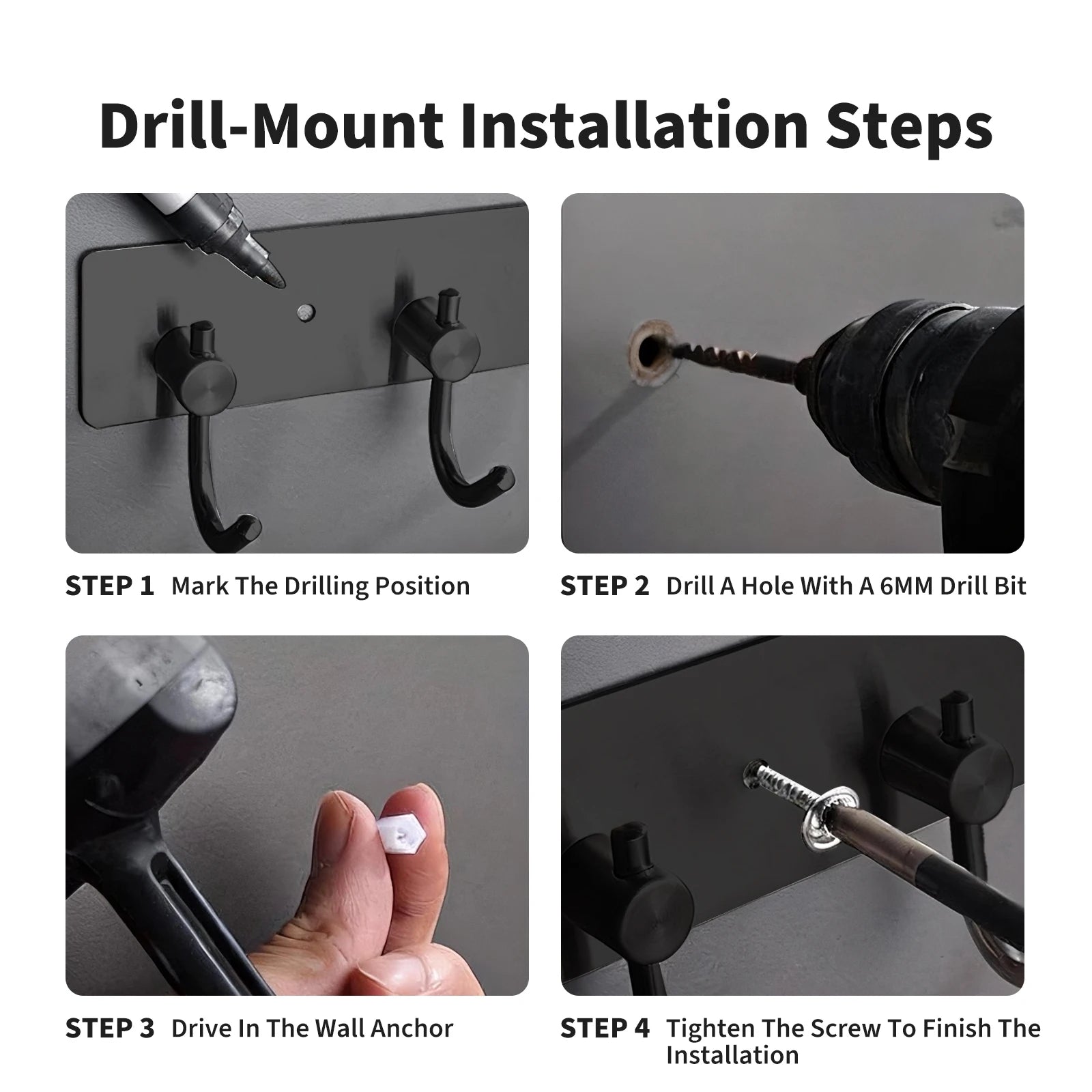 Stainless Steel Wall Hook Bar — 2 Pack Adhesive or Screw Mount Rack
