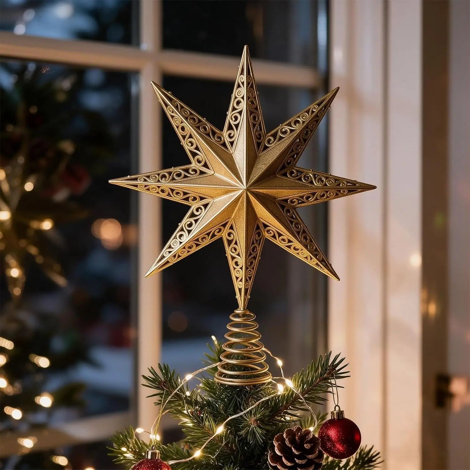 Garvee Golden Star Christmas Tree Topper — Glittering Hollow-Carved Decor