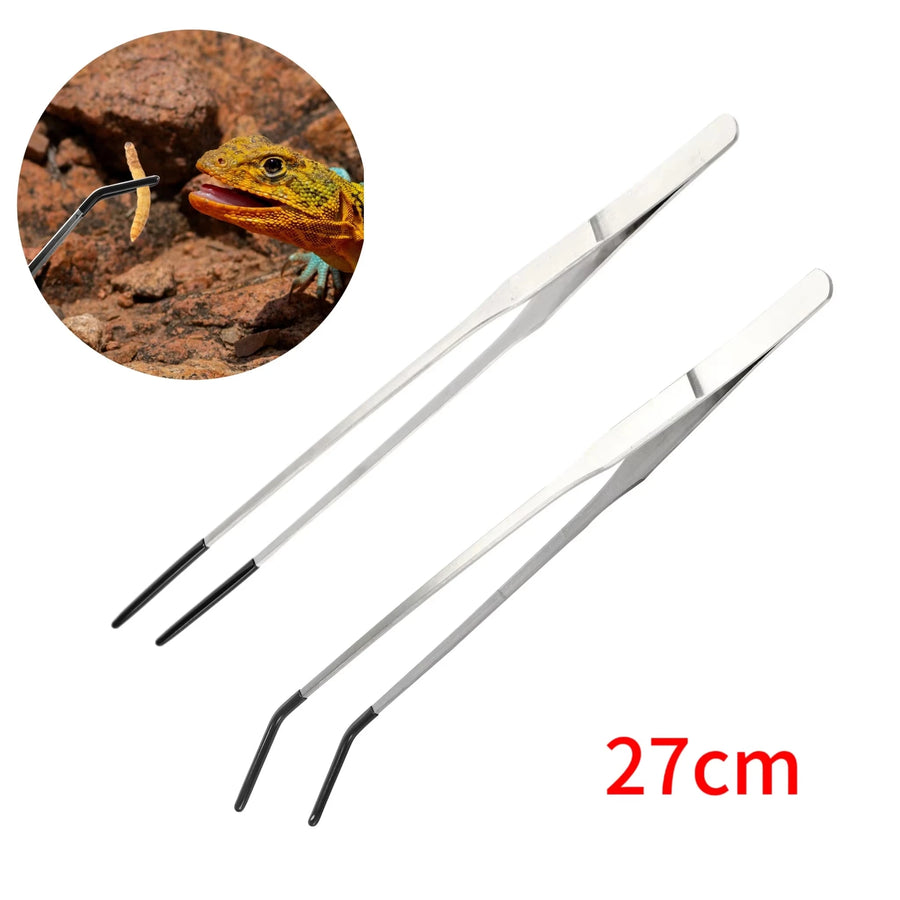 Stainless Steel Feeding Tongs — Precision Bent Tip Tweezers for Reptiles and Crafts