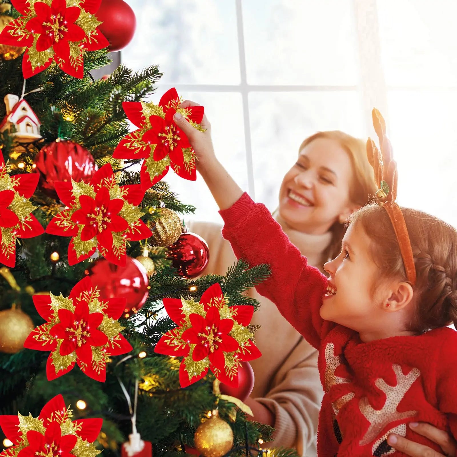 Glitter Artificial Poinsettia Flowers — Festive Holiday Tree Ornaments