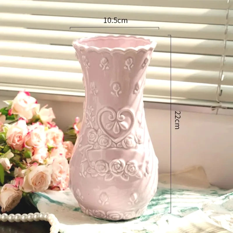 Retro Rose Relief Decorative Vase — European Style Imitation Ceramic Desktop Ornament