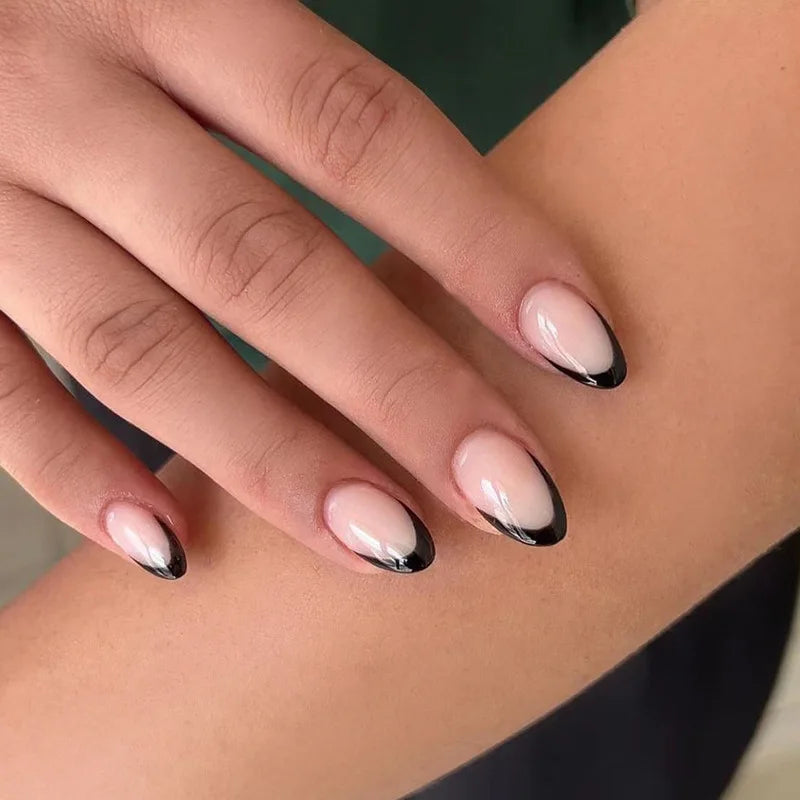 Black French Tip Press On Nails — Short Almond Shape Manicure Kit