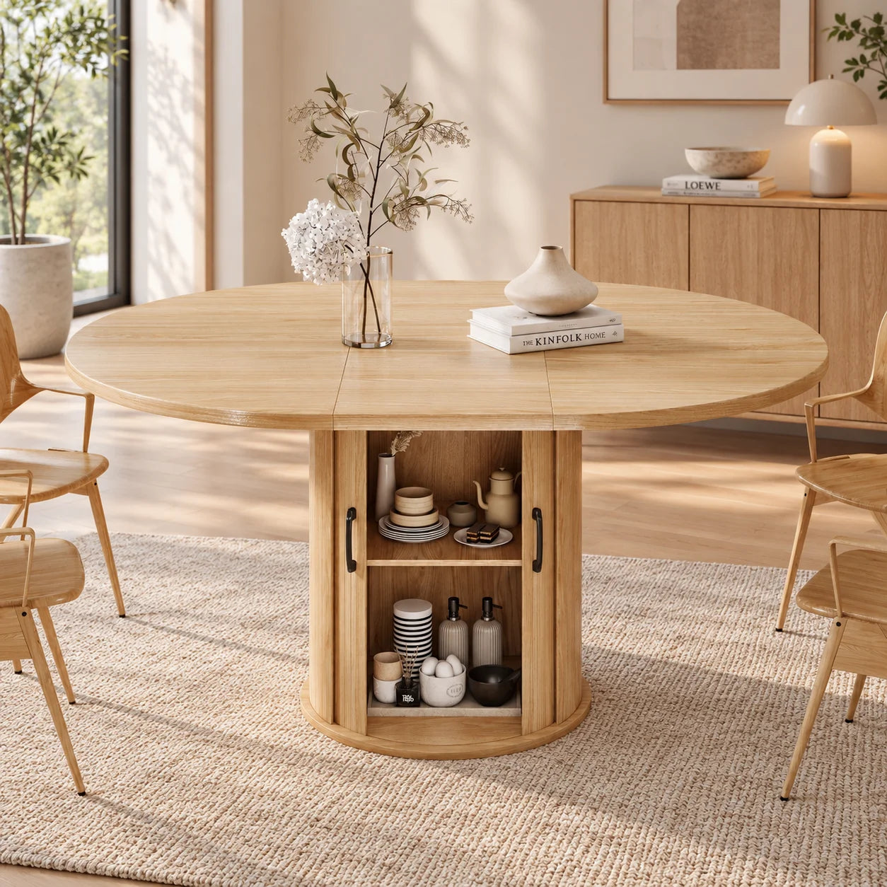 Modern Extendable Dining Table — Round to Oval Design with Storage