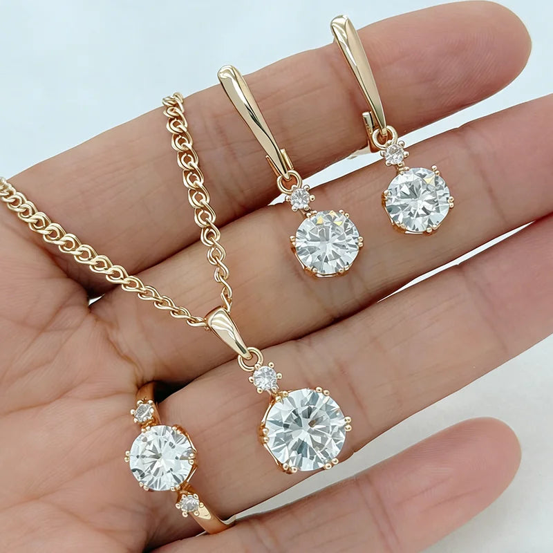 Kinel Zircon Jewelry Set — Rose Gold Finish Necklace, Earrings & Ring