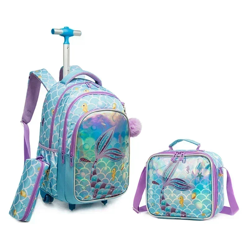 Children's Rolling Backpack Set — Wheeled School Bag with Lunch Bag & Pencil Case