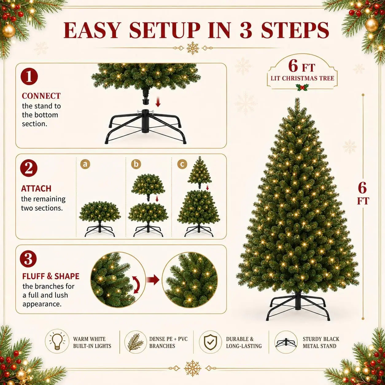 Artificial Pine Christmas Tree — Dense Greenery with Dual-Color LED Lights