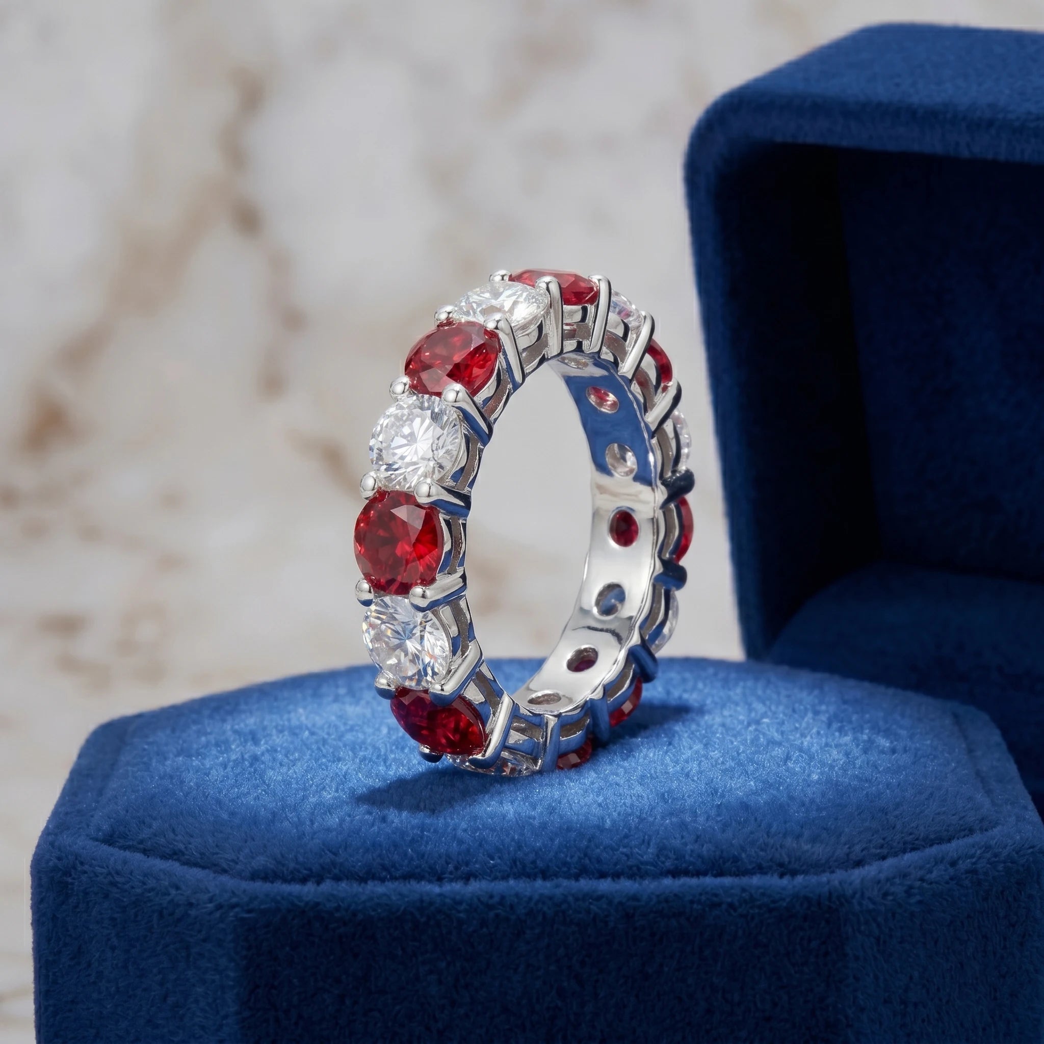 Moissanite and Lab Ruby Cocktail Ring — 925 Sterling Silver Pave Setting