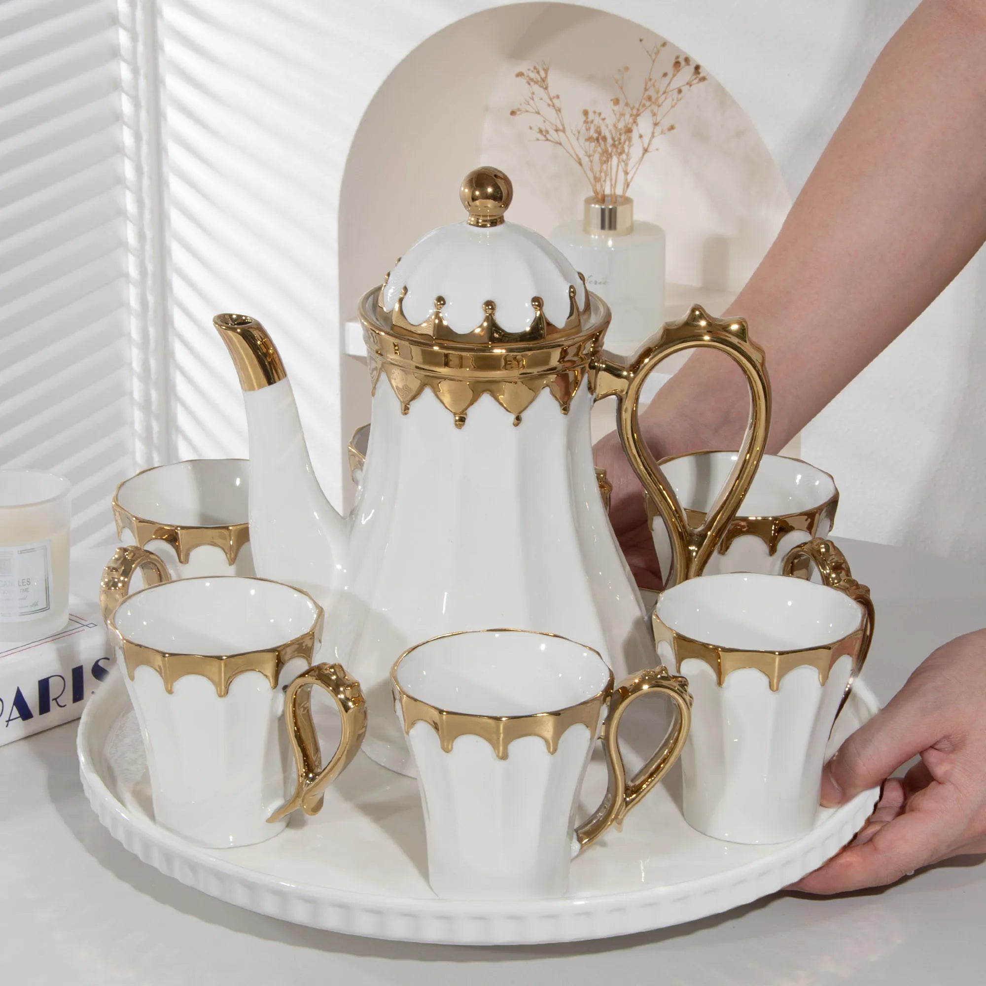 Luxury Porcelain Tea Set — Gilded Ceramic Teapot with 6 Cups and Tray