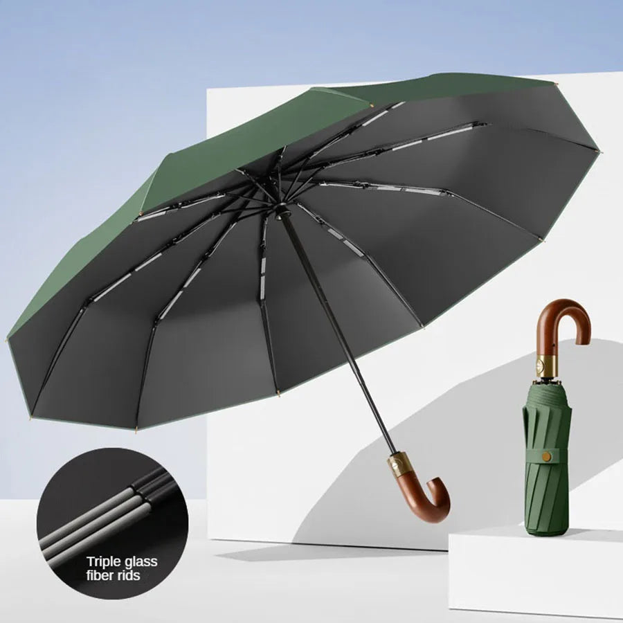 Compact Folding Umbrella — Windproof UV Protection with Curved Handle