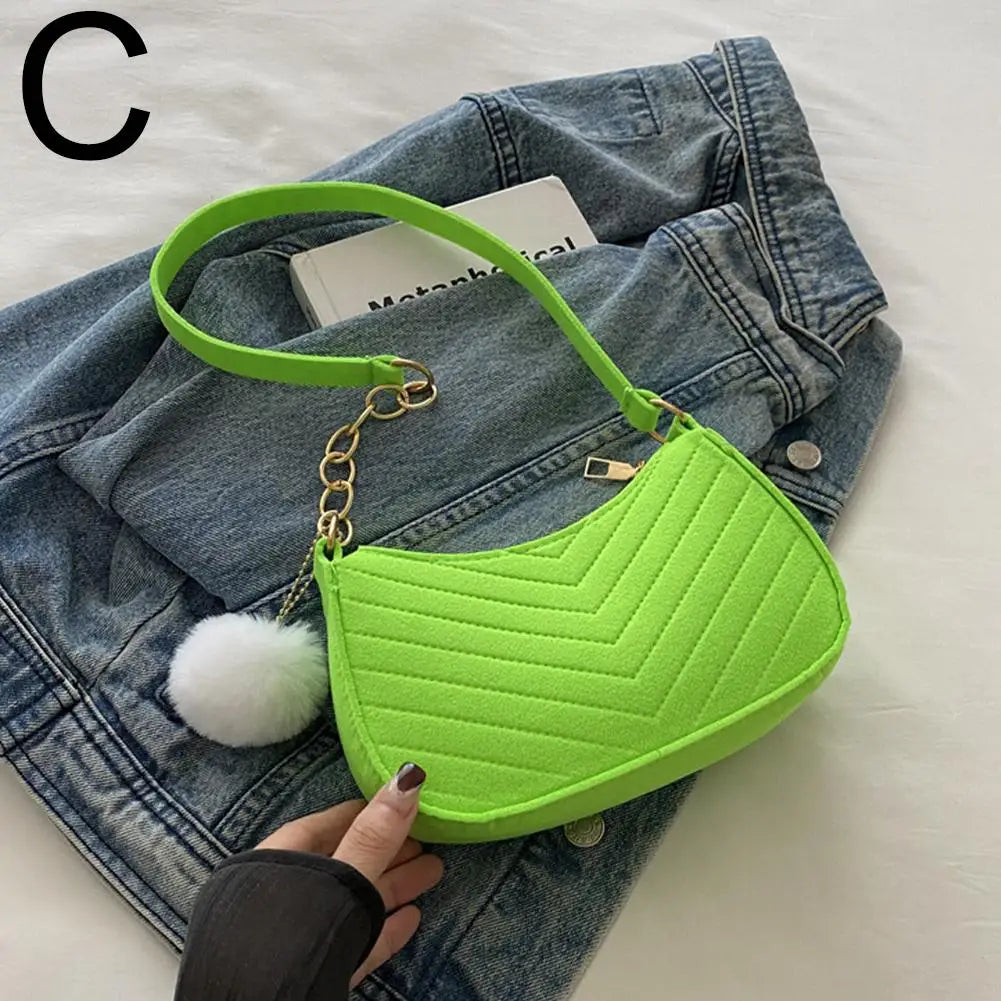 Mini Felt Shoulder Bag — Stylish Underarm Handbag with Pom-Pom Detail