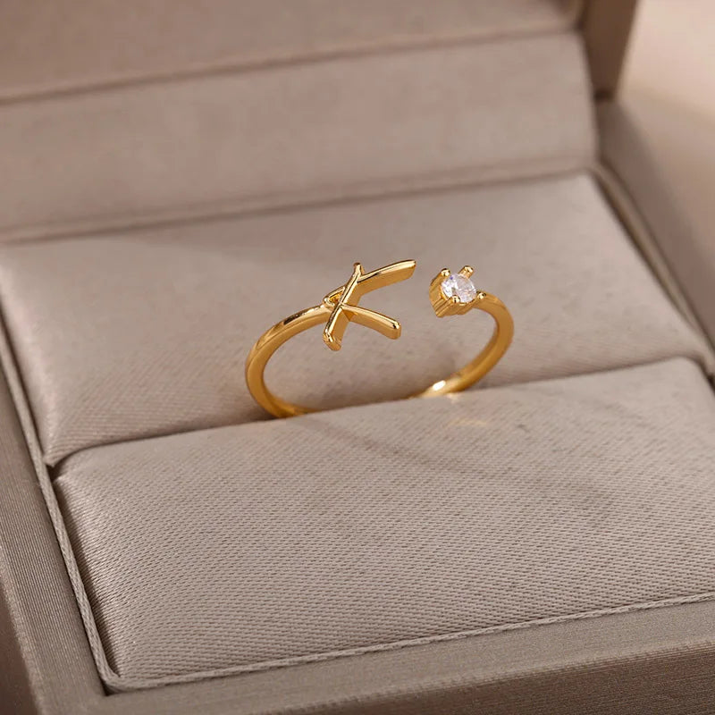 ICFTZWE Zircon Initial Letter Rings — Adjustable Stainless Steel Jewelry