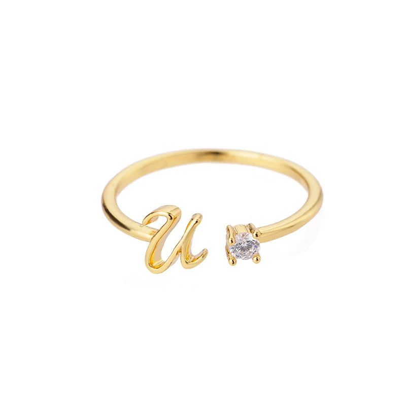 ICFTZWE Zircon Initial Letter Rings — Adjustable Stainless Steel Jewelry
