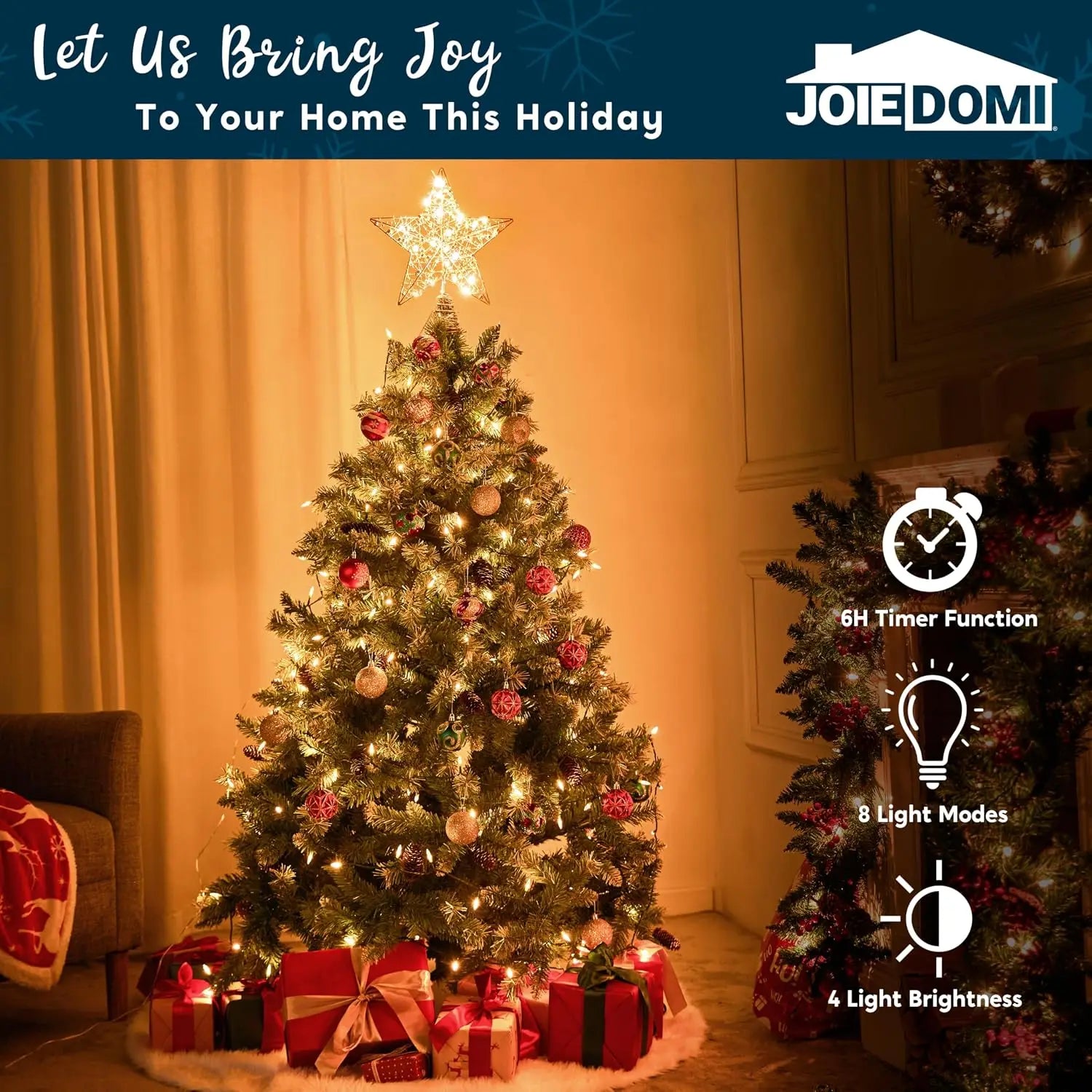 Golden Metal Beaded Star Tree Topper — LED Warm White Lights & Remote Control