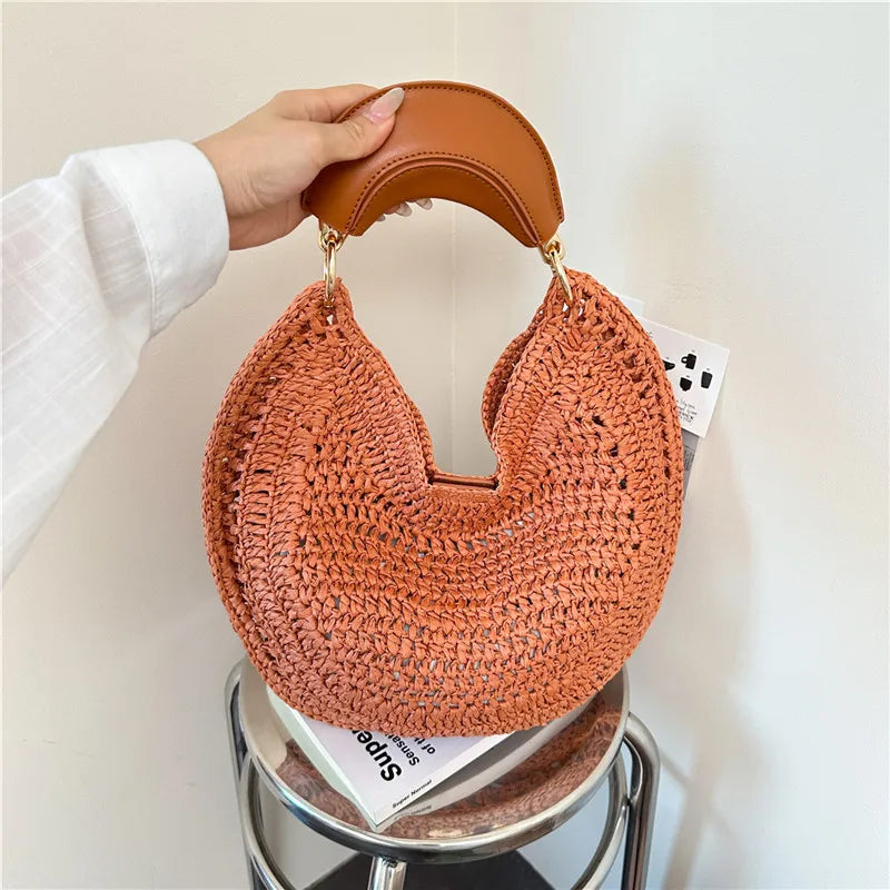 Boho Handwoven Straw Hobo Bag — Elegant Crescent Summer Tote