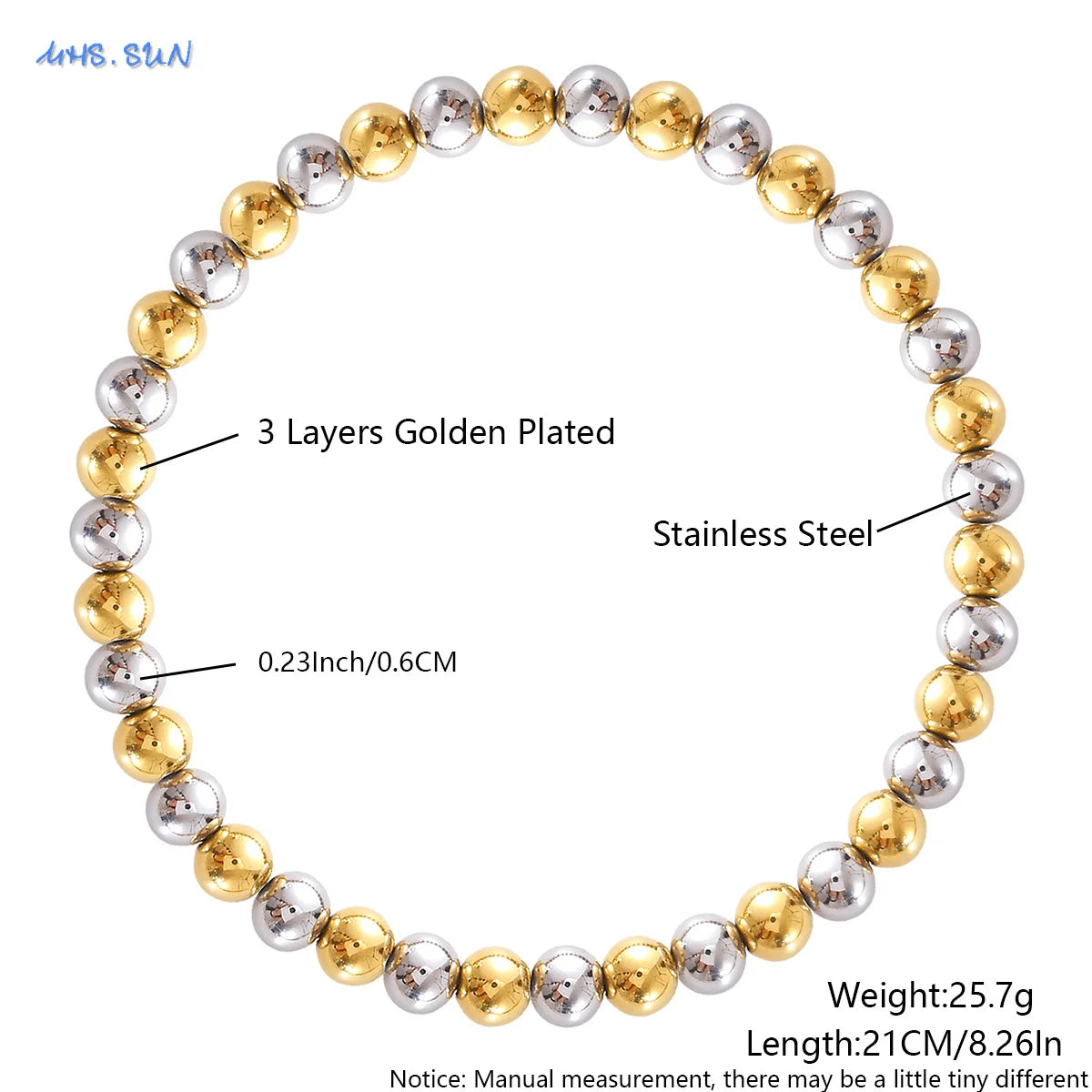 MHS.SUN Stainless Steel Beaded Bracelet — Gold Plated Stackable Jewelry