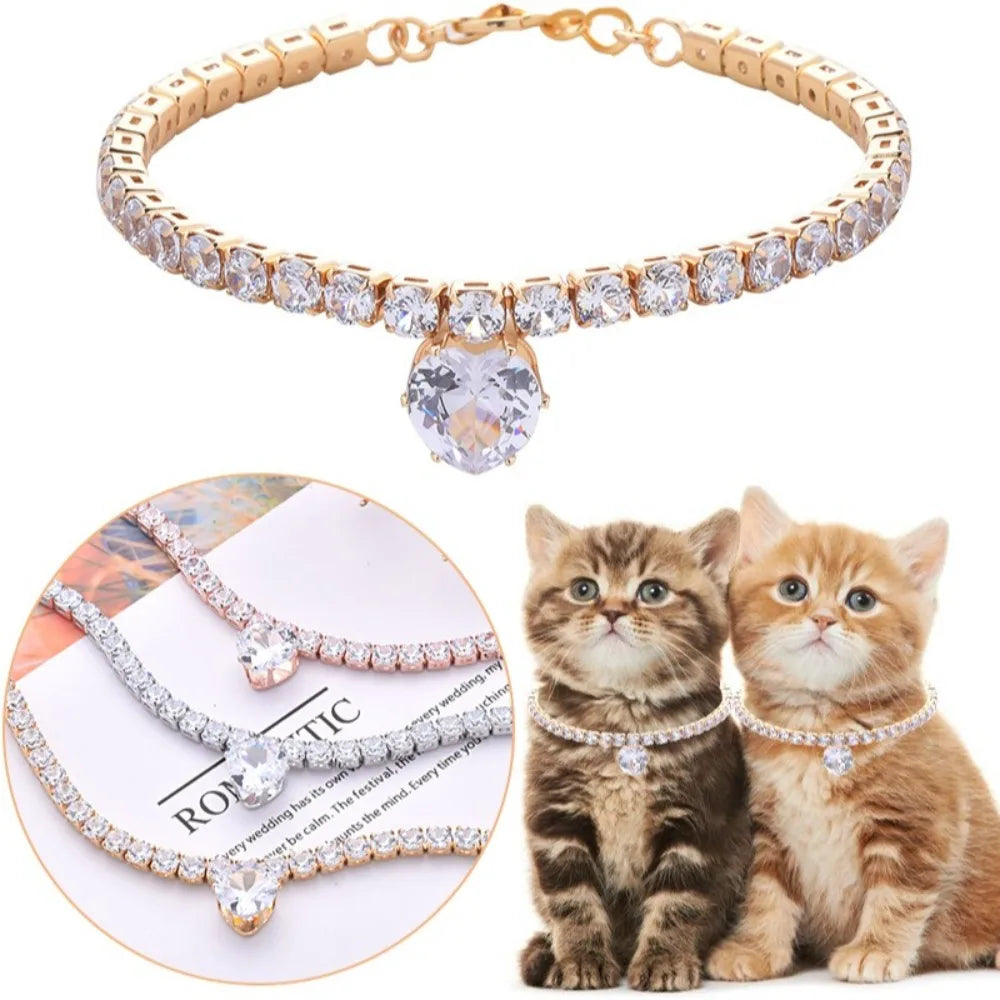 Sparkling Rhinestone Tennis Chain Cat Collar — Elegant Crystal Heart Pendant