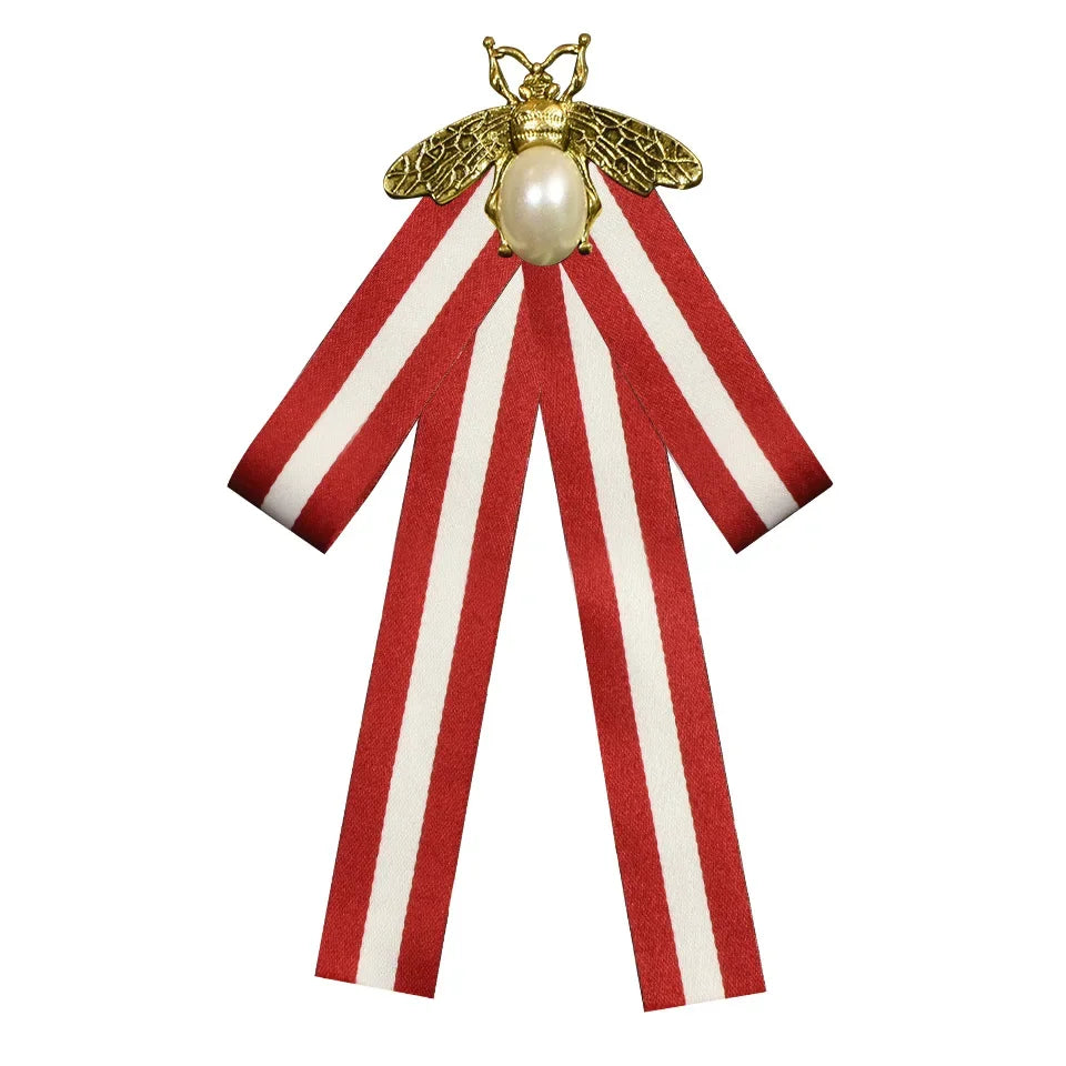 i-Remiel Retro Striped Bow Tie Brooch — Elegant Fabric Ribbon Lapel Pin