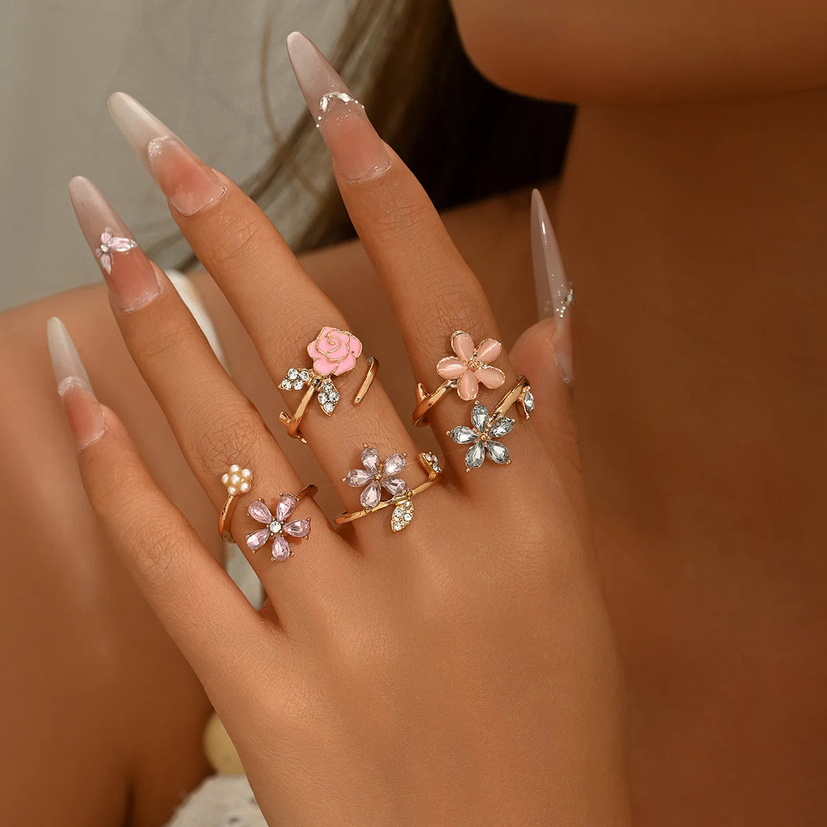 Obega Romantic Flower Ring Set — Rose Enamel & Crystal Stackable Rings