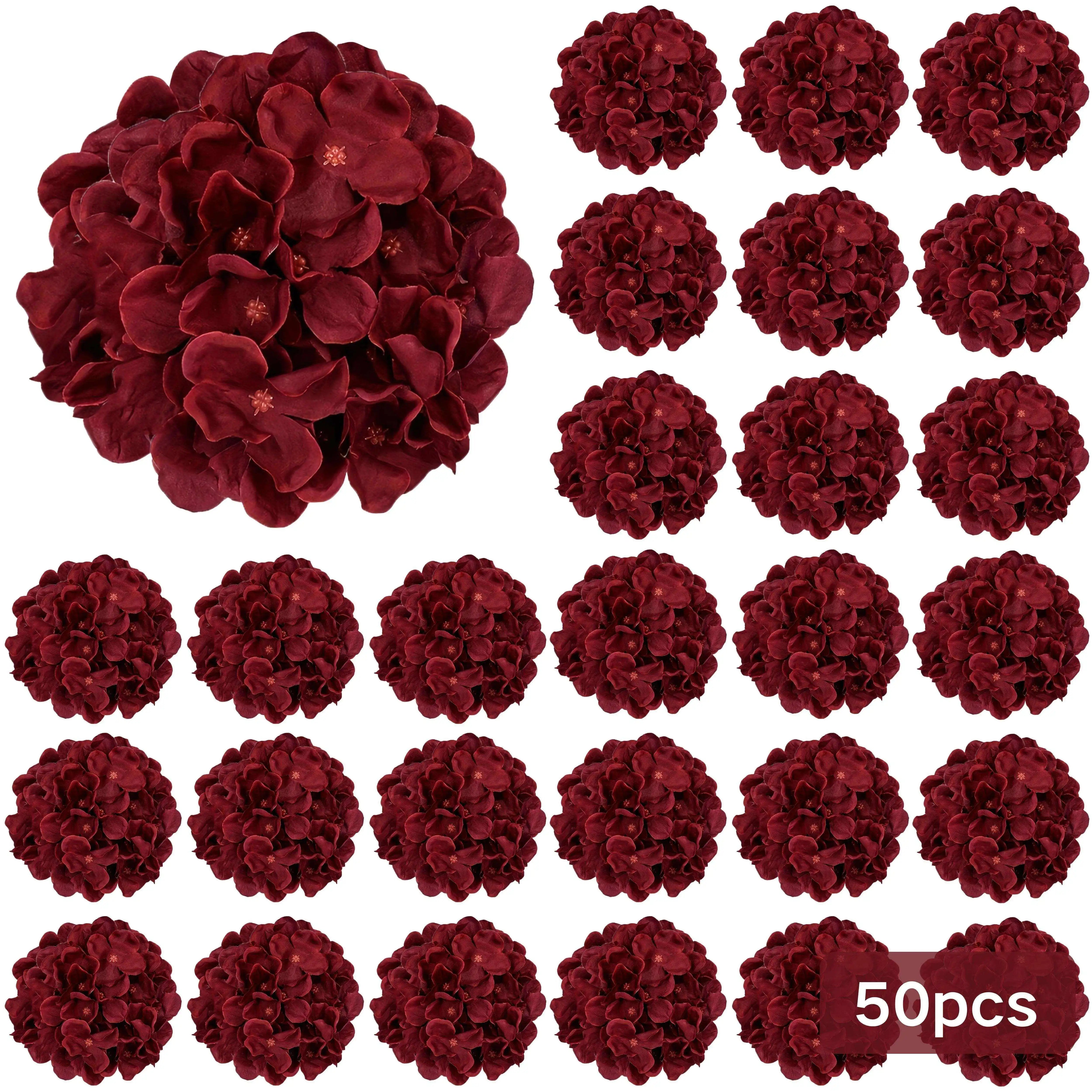 Burgundy Hydrangea Flower Heads — 50 Piece Fabric Floral Set for Decor