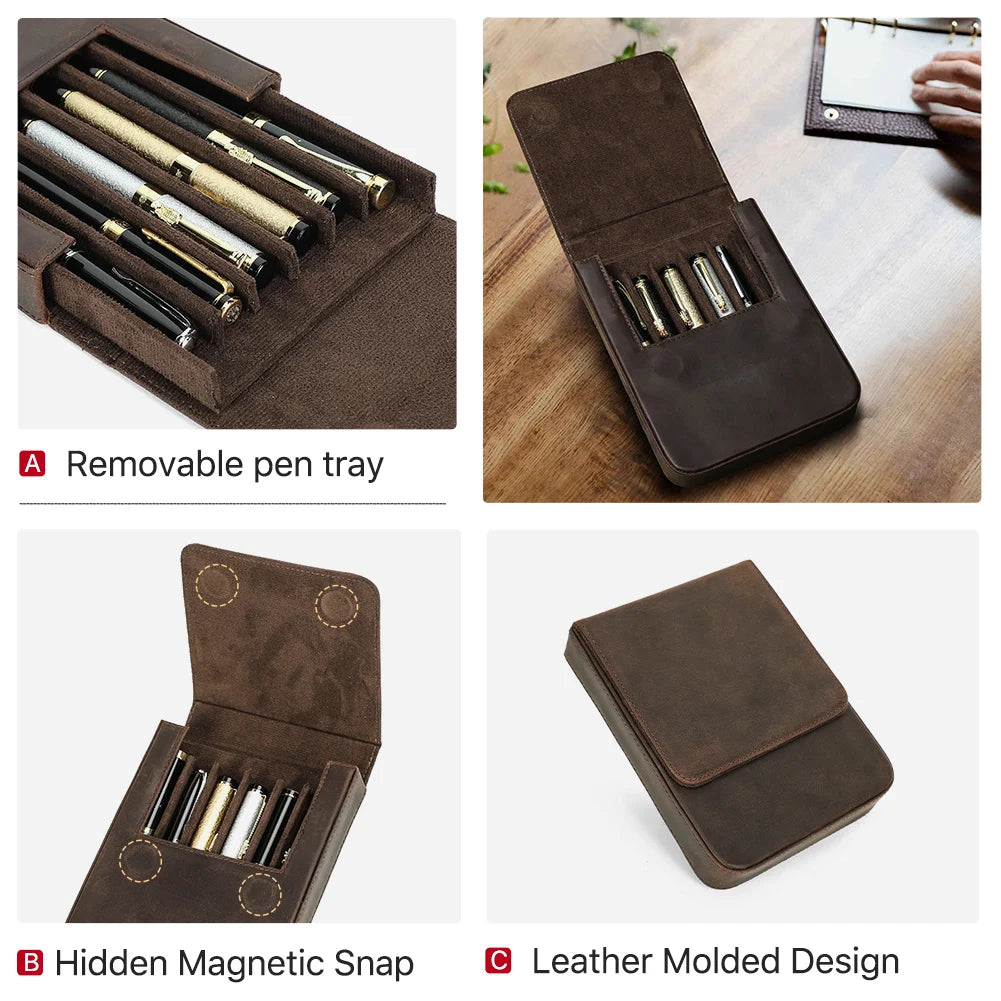CONTACTS FAMILY Luxury Leather Pen Case — 6 Slot Organizer with Removable Tray