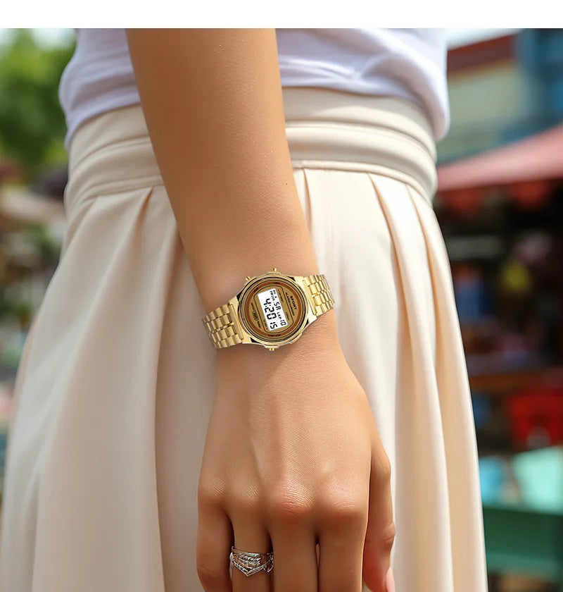 YIKAZE Women's LED Digital Watch — Retro Stainless Steel Luxury Wristwatch